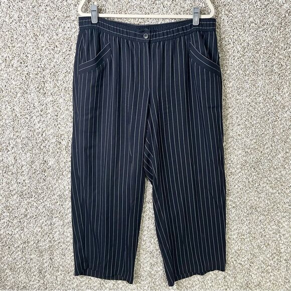 Eileen Fisher Pants Women’s Large Navy & White Pinstripe Pull On Wide Leg Crop - Picture 3 of 10